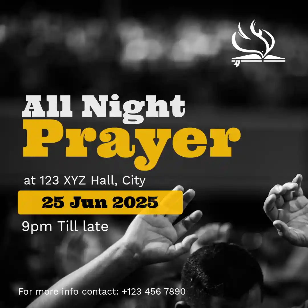 All night prayer black and white bold text overlay square flyer