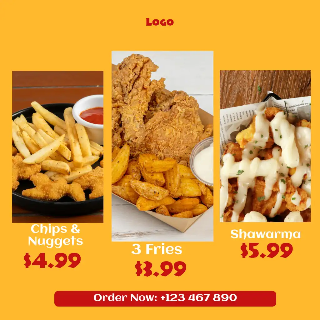 Chicken Fries Shawarma Fast Food Golden Yellow Collage Square