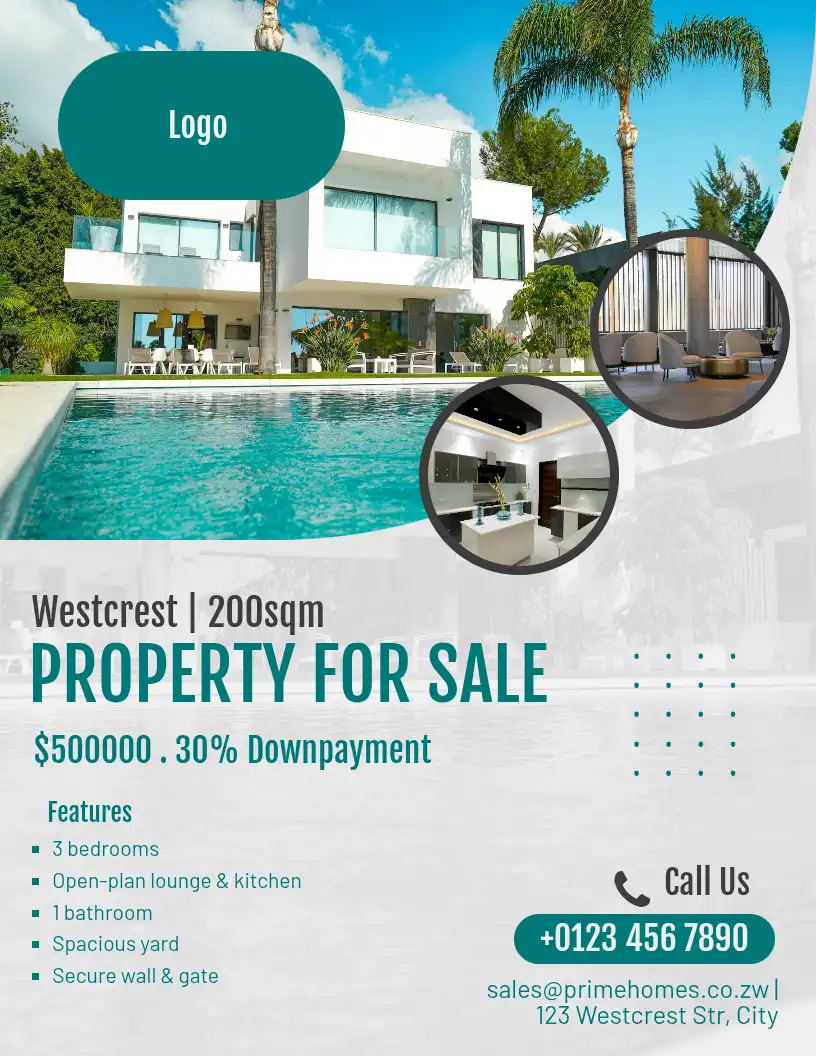 Property for sale teal grey circular flyer